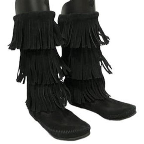 Minnetonka 3-Layer Black Fringe Boot 12" tall cowgirl western size 7 - Picture 2 of 13